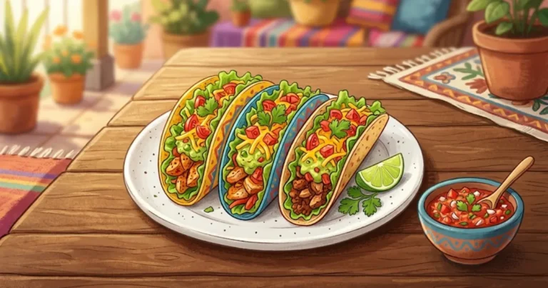 Illustration of three colorful tacos with lettuce, cheese, and guacamole on a plate